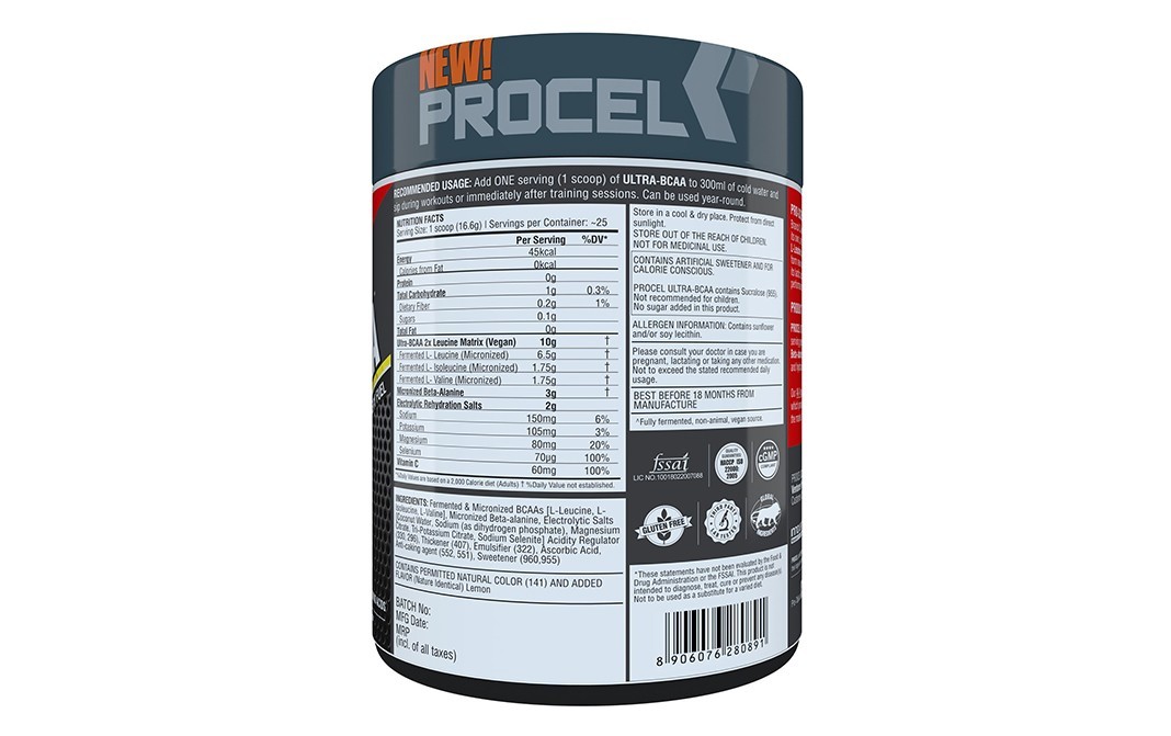 Procel Ultra-BCAA Lemon-Lime Flavor    Plastic Jar  400 grams